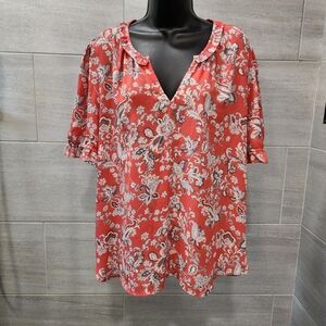 LOFT Coral and Navy Floral Print Blouse